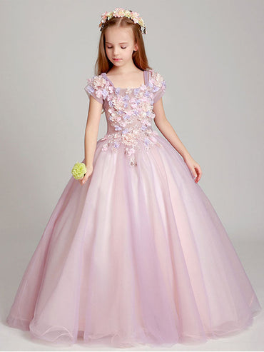 Blush Pink Off The Shoulder Applique Back Illusion Floor Length Kids Pageant flower girl dresses-showprettydress