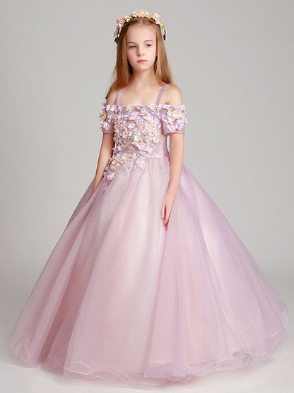 Blush Pink Off The Shoulder Applique Back Illusion Floor Length Kids Pageant flower girl dresses-showprettydress