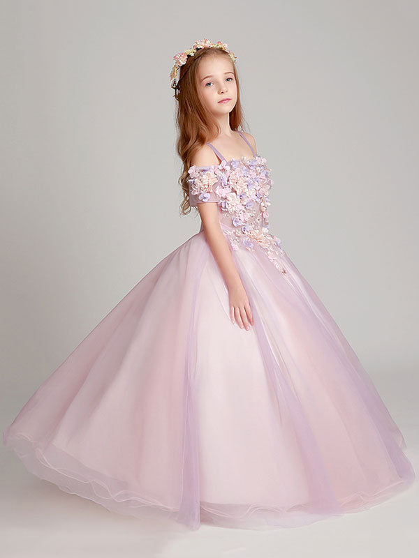 Blush Pink Off The Shoulder Applique Back Illusion Floor Length Kids Pageant flower girl dresses-showprettydress