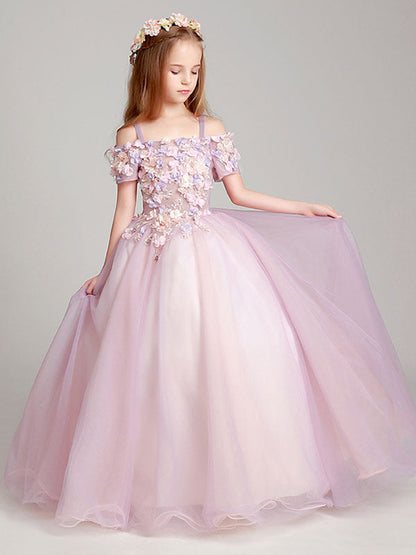 Blush Pink Off The Shoulder Applique Back Illusion Floor Length Kids Pageant flower girl dresses-showprettydress