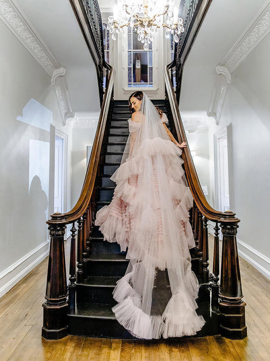 Roycebridal Blush Pink Pleated Cathedral Veils with Blusher