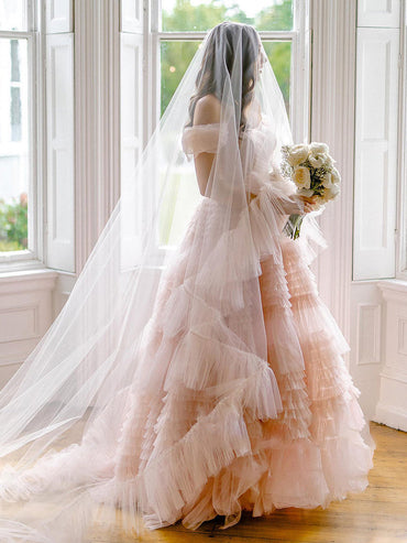 Roycebridal Blush Pink Pleated Cathedral Veils with Blusher