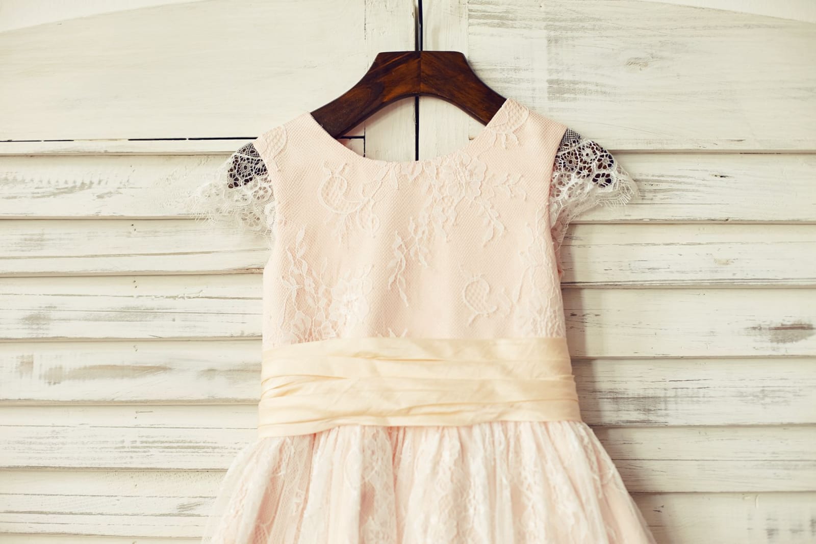 Blush Pink Satin Ivory Lace Cap Sleeves Flower Girl Dress 