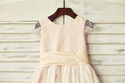 Blush Pink Satin Ivory Lace Cap Sleeves Flower Girl Dress 