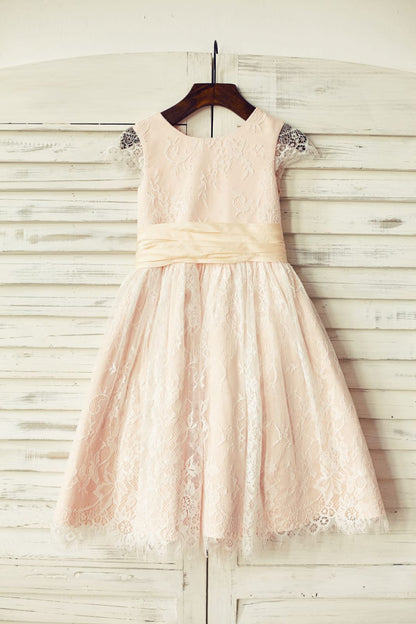 Blush Pink Satin Ivory Lace Cap Sleeves Flower Girl Dress 