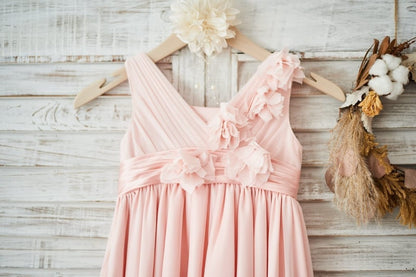 Blush Pink Tulle V Neck Wedding Flower Girl Dress with 