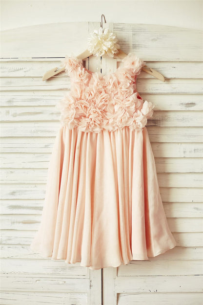 Boho Beach Blush Pink Chiffon Floral Straps Flower Girl 