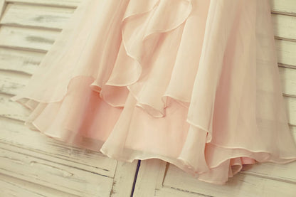 Boho Beach Blush Pink Thin Straps Chiffon Flower Girl Dress