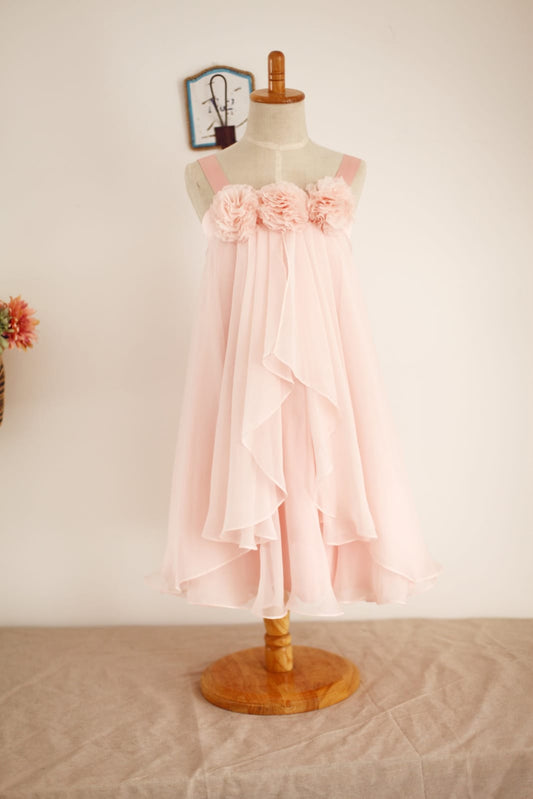 Boho Beach Blush Pink Thin Straps Chiffon Flower Girl Dress