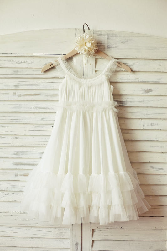 Boho Beach Ivory Chiffon Tulle Flower Girl Dress