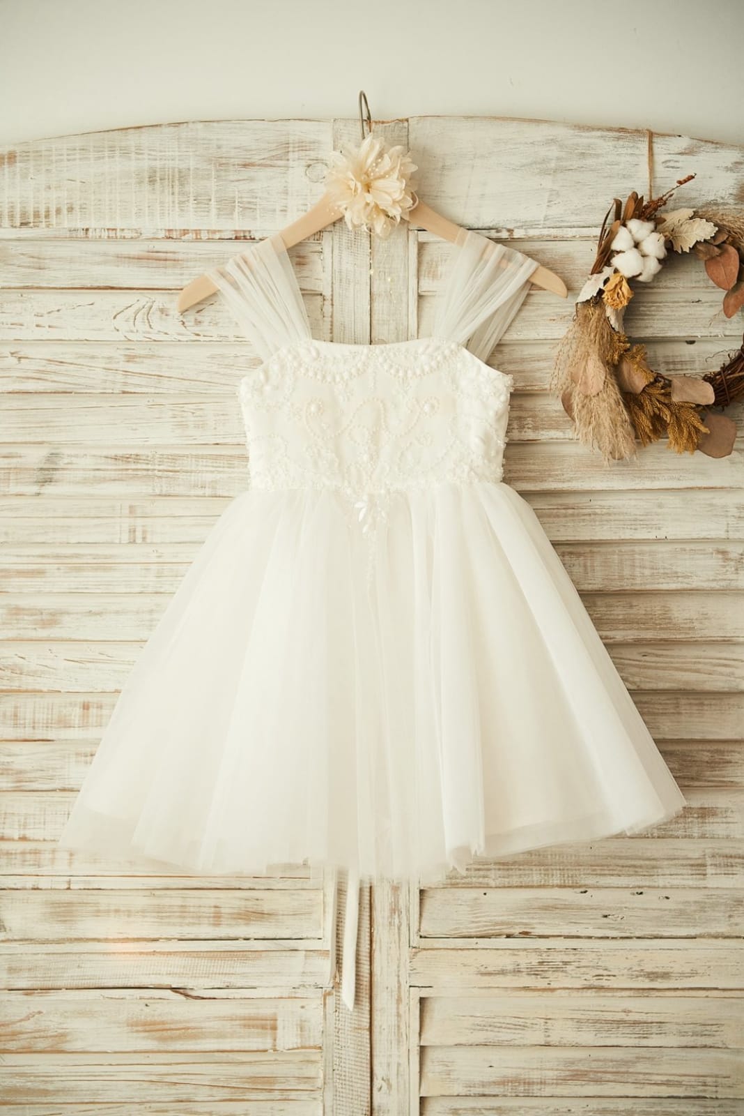 Boho Beach Ivory Tulle Beaded Wedding Flower Girl Dress