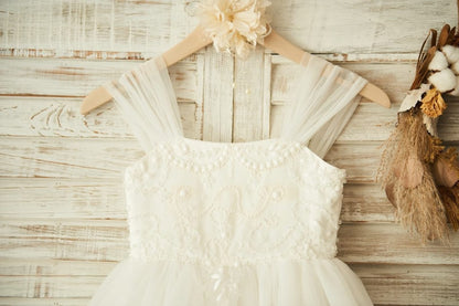 Boho Beach Ivory Tulle Beaded Wedding Flower Girl Dress