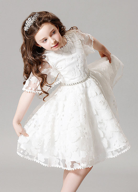 Boho Lace Princess Ivory A-Line Illusion Bell Sleeve Jeweled Sash Short Pageant Dress-showprettydress