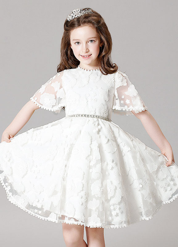 Boho Lace Princess Ivory A-Line Illusion Bell Sleeve Jeweled Sash Short Pageant Dress-showprettydress