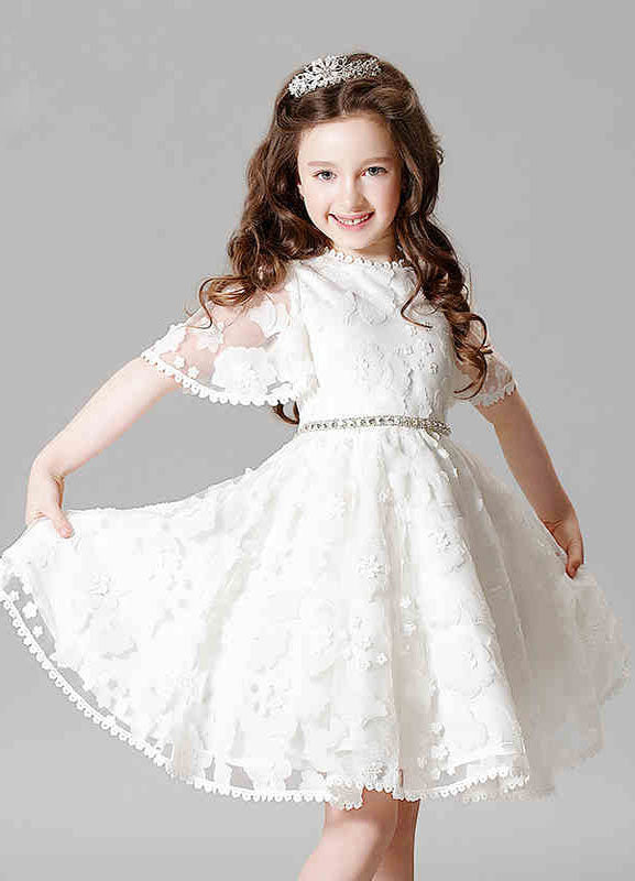 Boho Lace Princess Ivory A-Line Illusion Bell Sleeve Jeweled Sash Short Pageant Dress-showprettydress