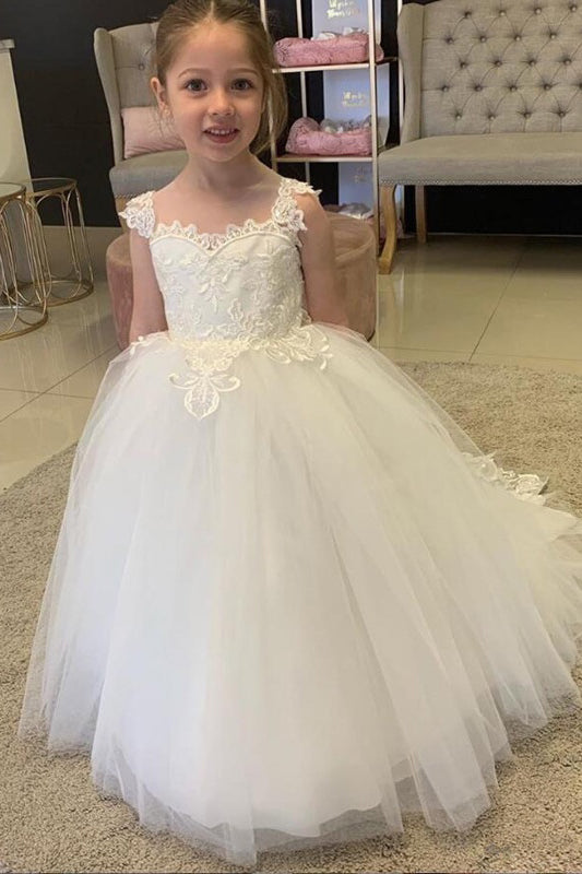 Boho Long Tulle Ball Gown Flower Girls Dresses with bow-showprettydress