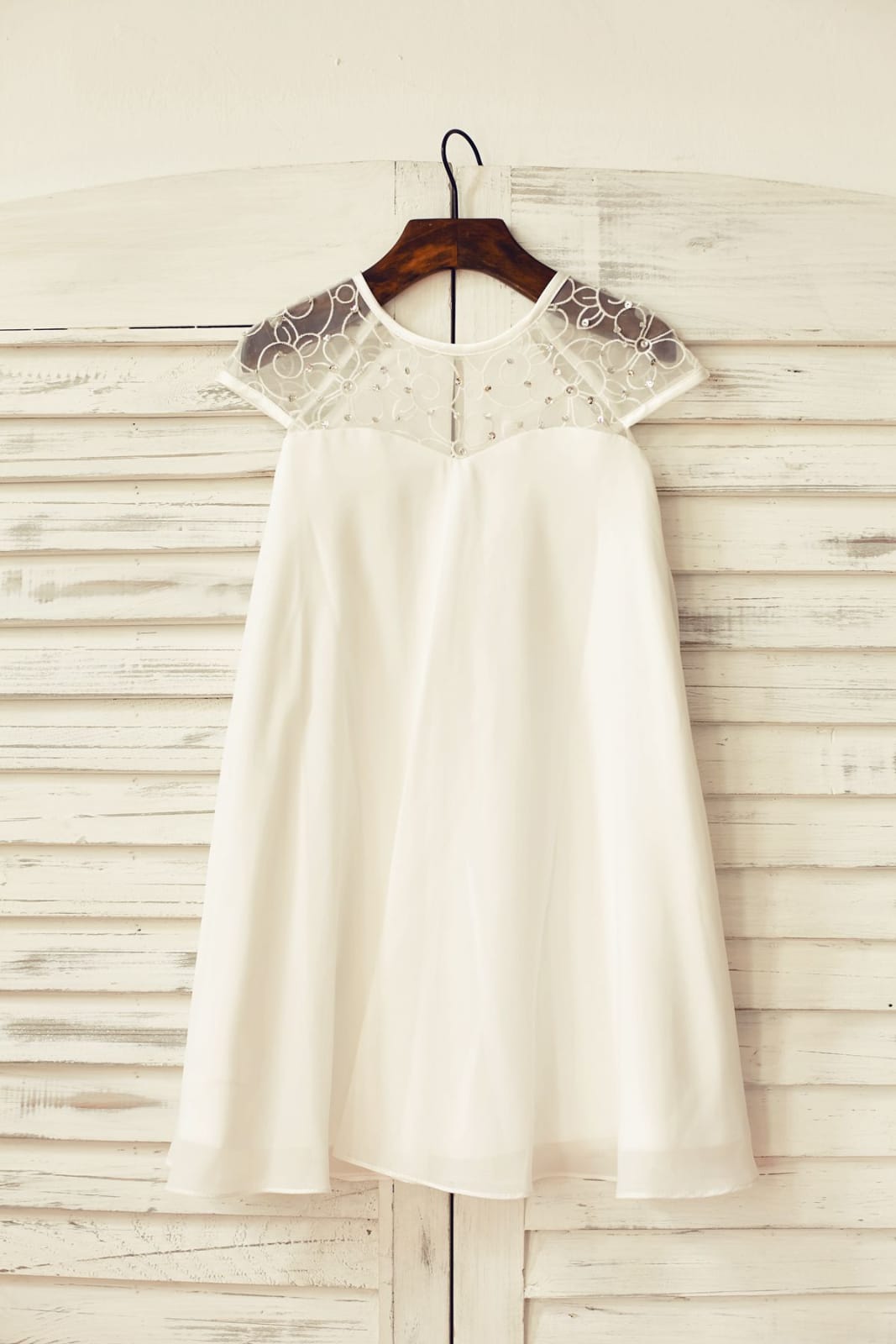 Sheer Neck Ivory Chiffon Flower Girl Dress