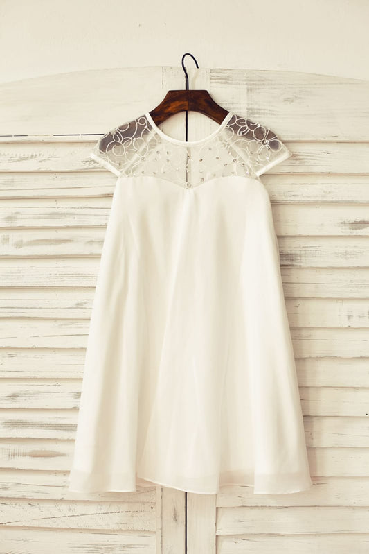 Sheer Neck Ivory Chiffon Flower Girl Dress