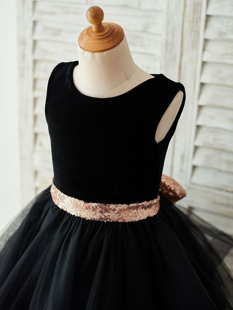 Bows Sleeveless Jewel Neck Black Formal Kids Party Dresses-showprettydress