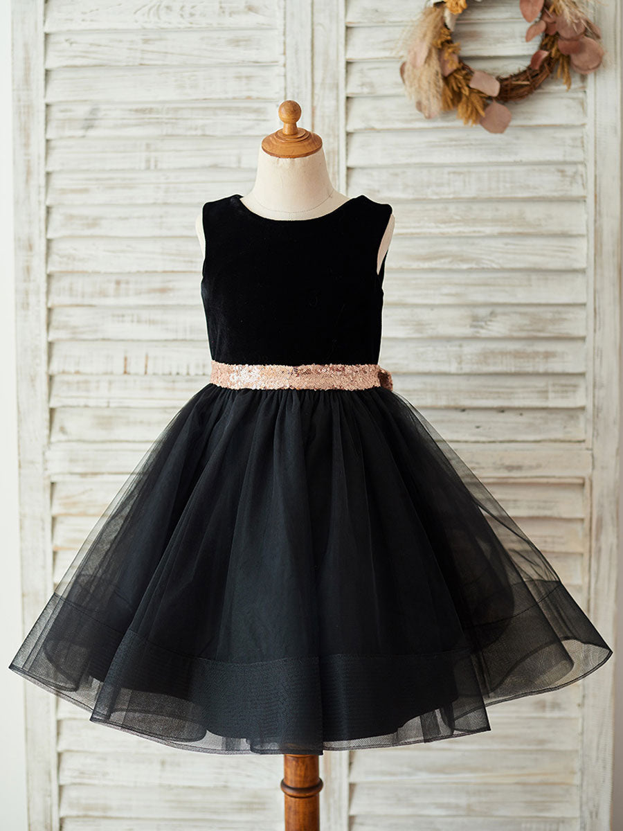 Bows Sleeveless Jewel Neck Black Formal Kids Party Dresses-showprettydress