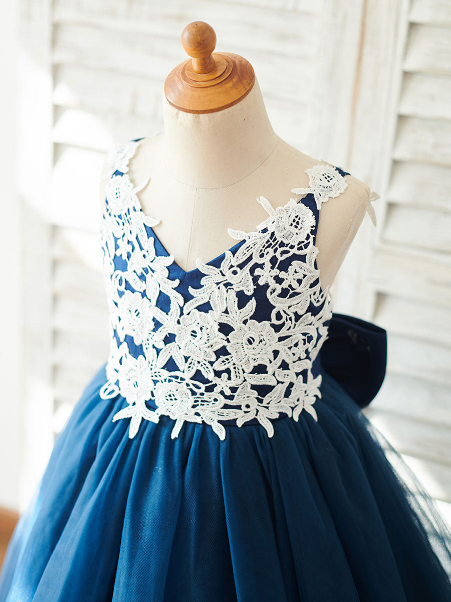 Bows Sleeveless V-Neck Dark Navy Kids Party Dresses-showprettydress