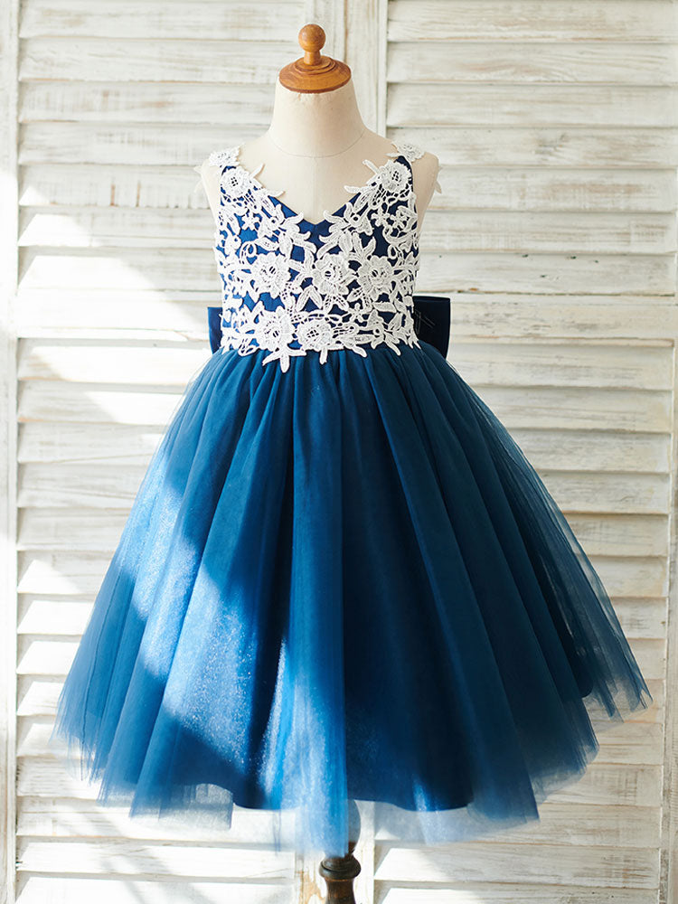 Bows Sleeveless V-Neck Dark Navy Kids Party Dresses-showprettydress