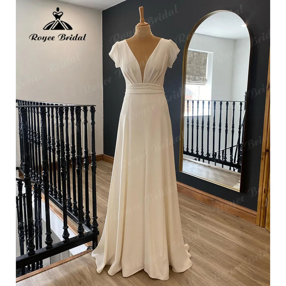 brautkleid Summer Plunging Soft Satin Wedding Dress with V Neck 2024 Women Bridal Gown with Cap Sleeve Boho hochzeitskleid Beach