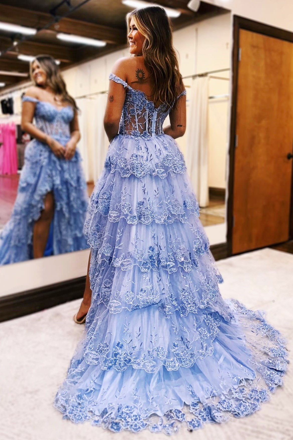 Roycebridal Maryann | Periwinkle Tulle Appliques Off-the-Shoulder Ruffle Long Prom Dress