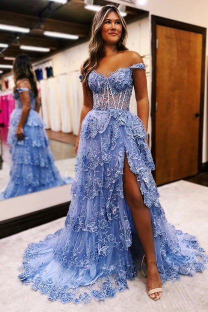 Roycebridal Maryann | Periwinkle Tulle Appliques Off-the-Shoulder Ruffle Long Prom Dress