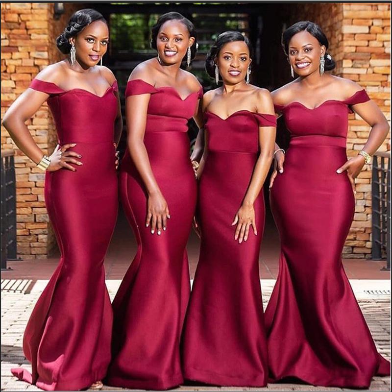 Roycebridal Black Girl Long Bridesmaid Dresses off Shoulder Burgundy Wedding Guest Dress