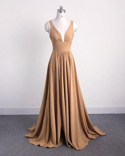 Backless Long Beach V-Neck Gold Bridesmaid Dresses Slit Side