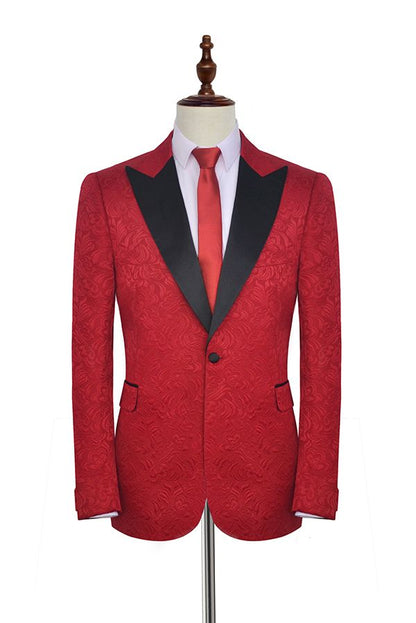 Bright Red Jacquard Peak Lapel with Black Silk Classy Mens Suits-showprettydress