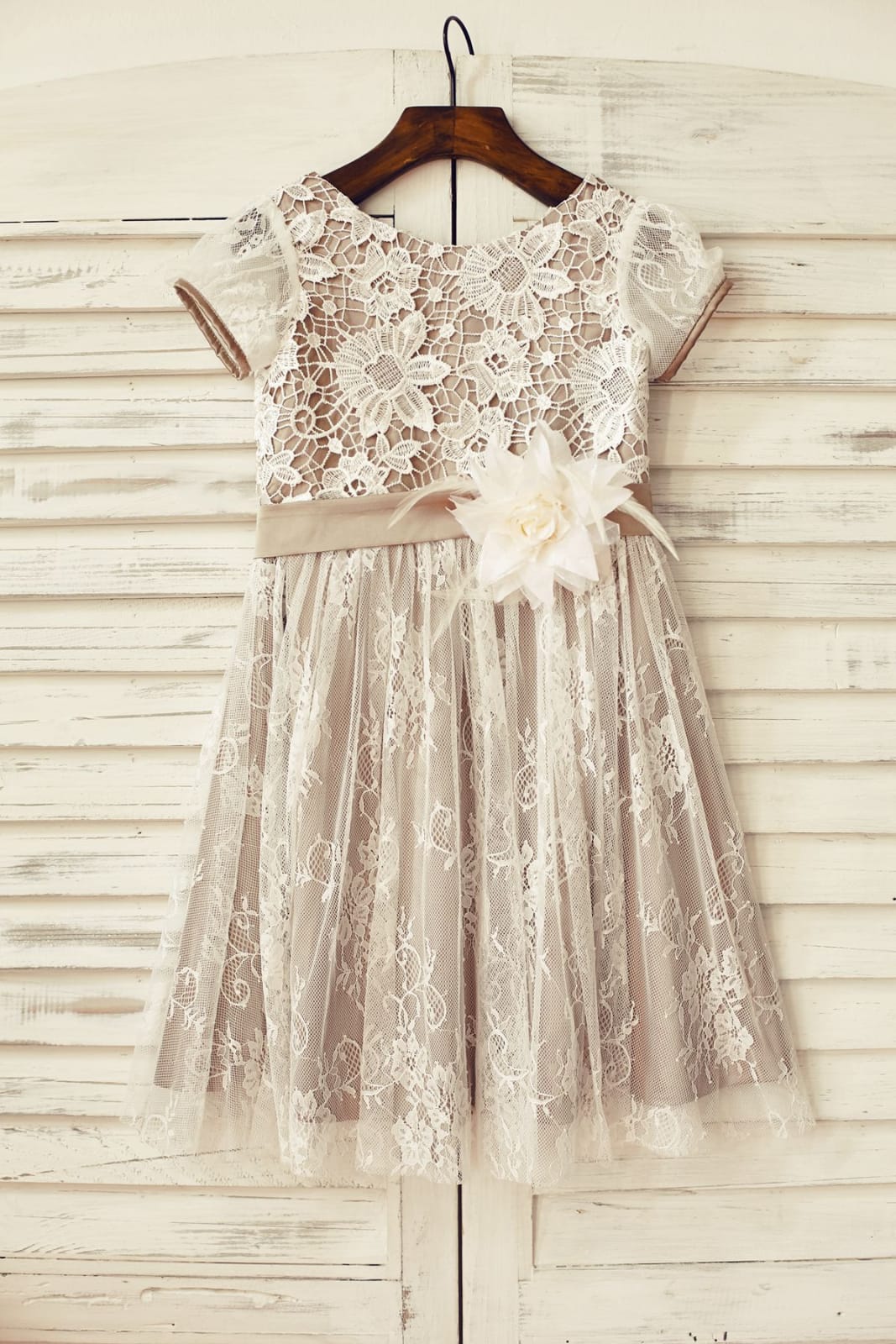 Brown Satin Ivory Lace Short Sleeve Flower Girl Dress