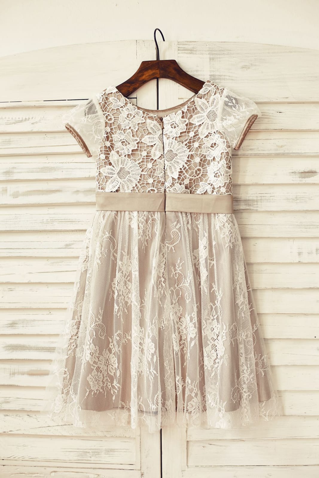 Brown Satin Ivory Lace Short Sleeve Flower Girl Dress