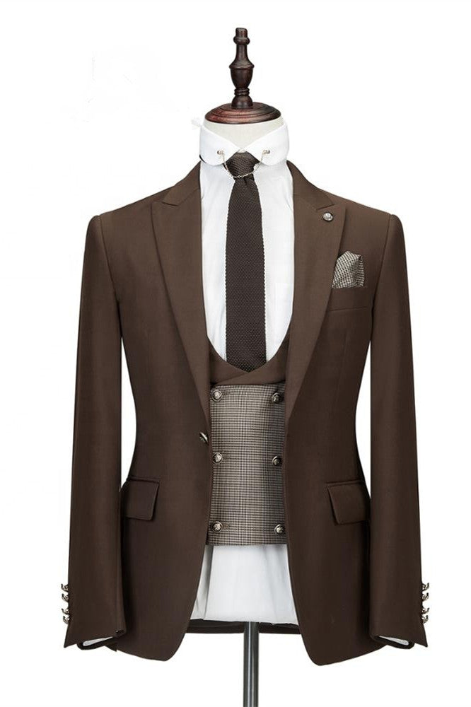 Brown Three Pieces Peaked Lapel Slim Fit Wedding Groom Suits-showprettydress