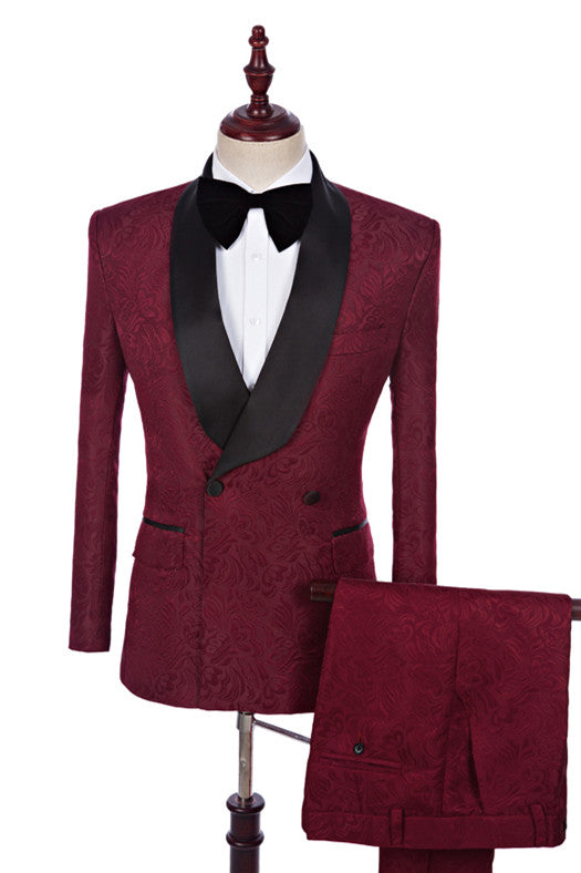 Burgundy Jacquard Double Breasted Best Fitted Wedding Suits Online-showprettydress