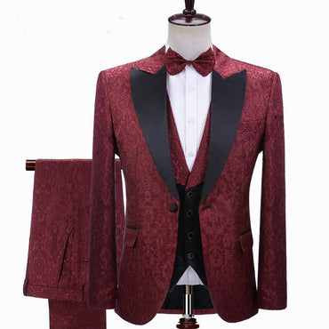 Burgundy Jacquard Peaked Lapel Three-pieces Wedding Men Suits-showprettydress