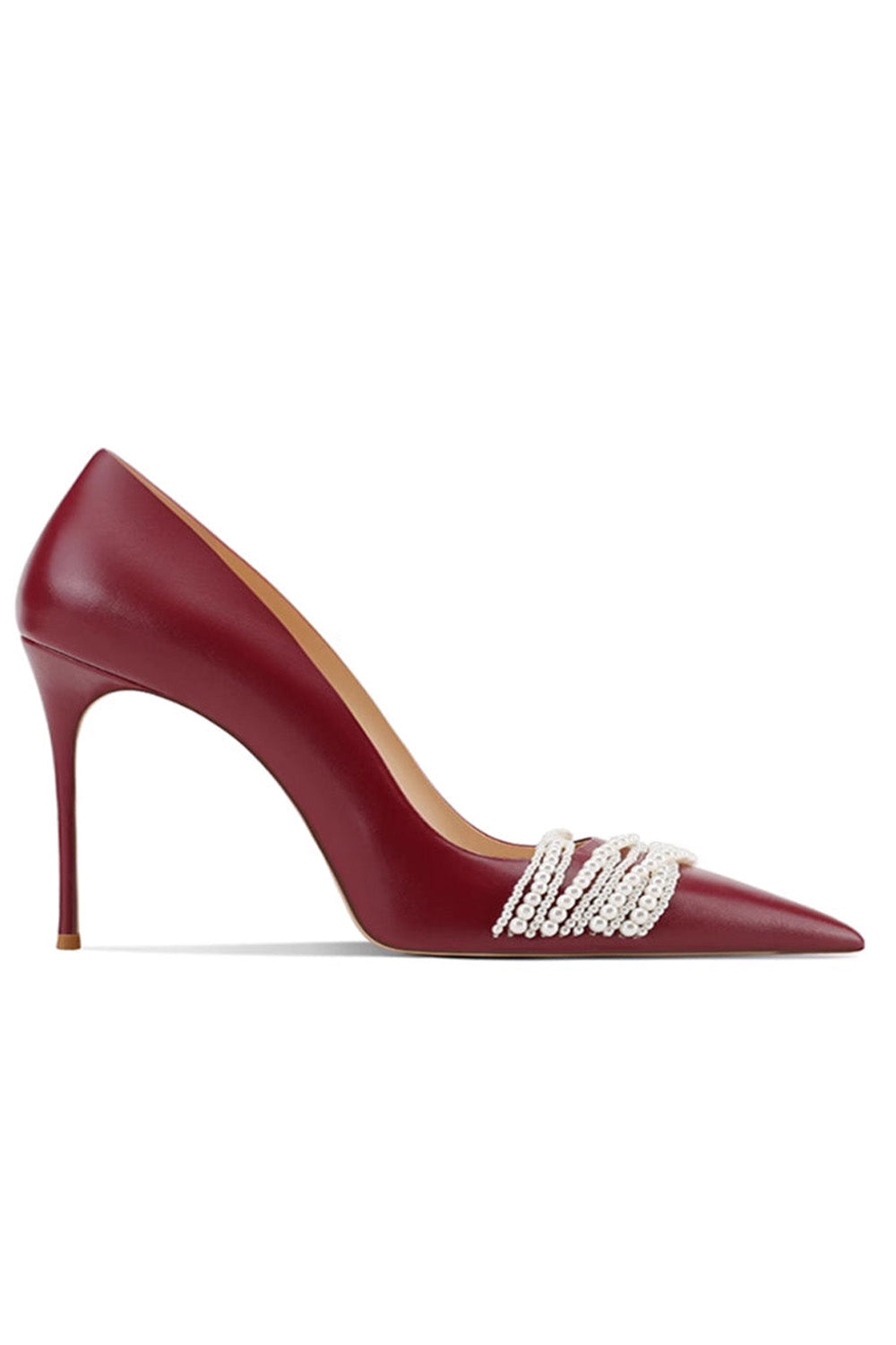 Burgundy Leather Upper Pearl Mid Heel Pumps