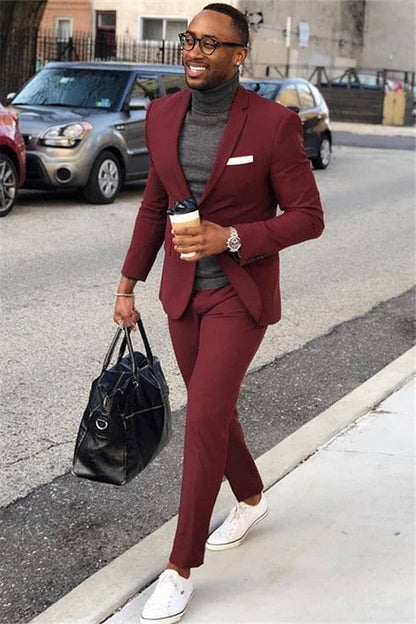 Burgundy One Button Men's Suit Slim Fit Formal Business Suit-showprettydress