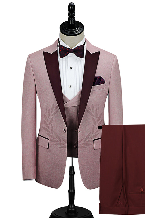 Burgundy Peak Lapel Men Marriage Suits Pricey Pink One Button Wedding Tuxedos-showprettydress