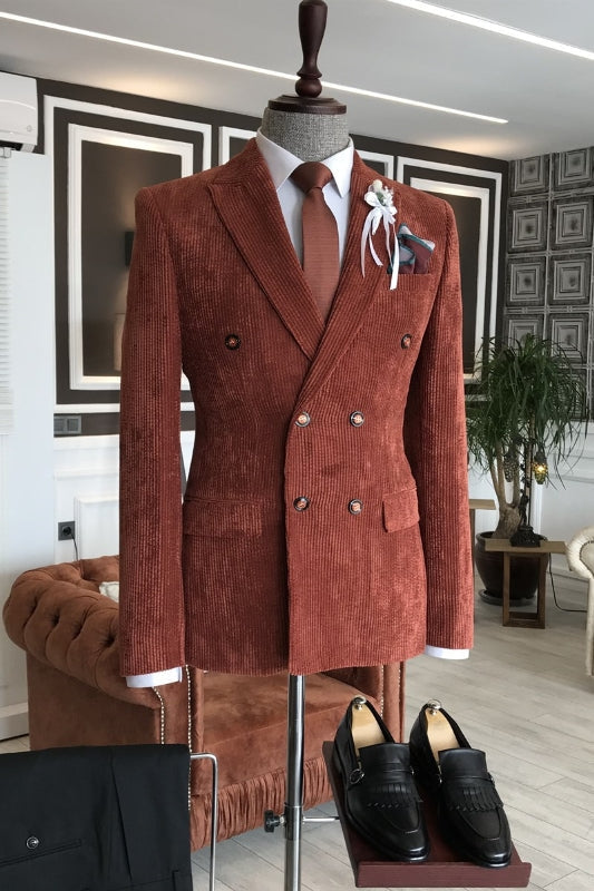 Amos Bespoke Burgundy Corduroy Peaked Lapel Double Breasted Prom Suits