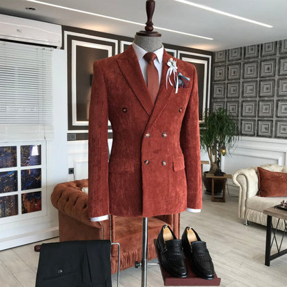 Amos Bespoke Burgundy Corduroy Peaked Lapel Double Breasted Prom Suits