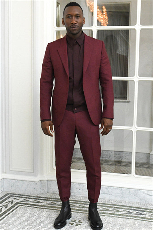 Burgundy Peaked Lapel Men Suits Two Piece Slim Fit Prom Outfits Online-showprettydress