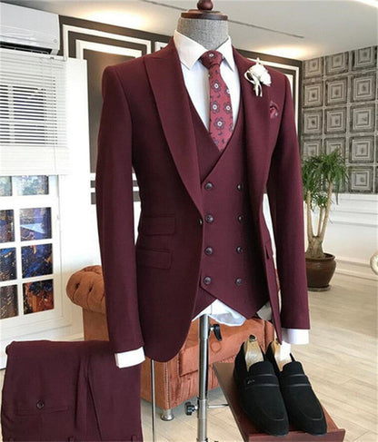 Burgundy Peaked Lapel Three Pieces Men's Suit-showprettydress