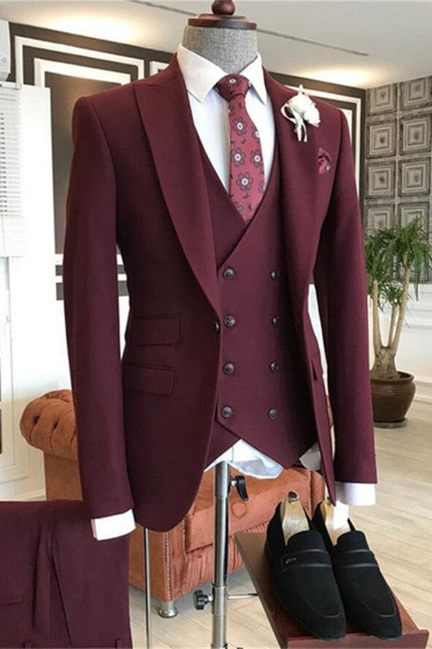 Burgundy Peaked Lapel Three Pieces Men's Suit-showprettydress