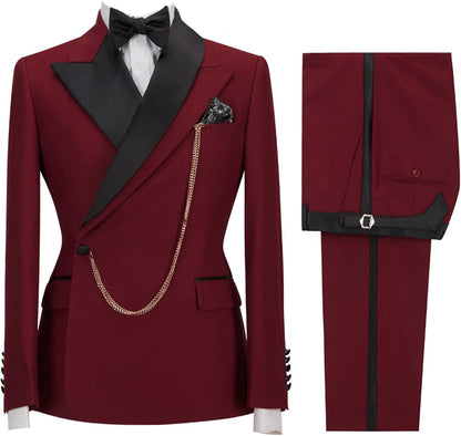 Ives Burgundy Peaked Lapel Two Pieces Slim Fit Suits For Prom