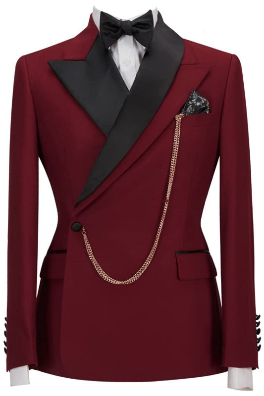 Ives Burgundy Peaked Lapel Two Pieces Slim Fit Suits For Prom