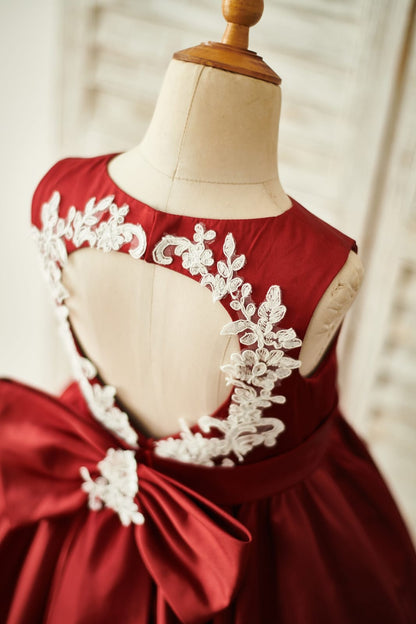 Burgundy Satin Ivory Lace Keyhole Back Wedding Flower Girl 