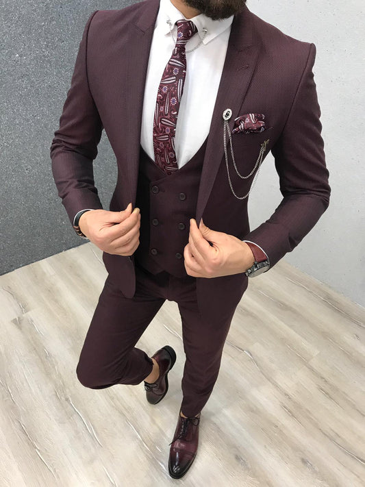 Burgundy Three Pieces Slim Fit Peaked Lapel Men Suits-showprettydress