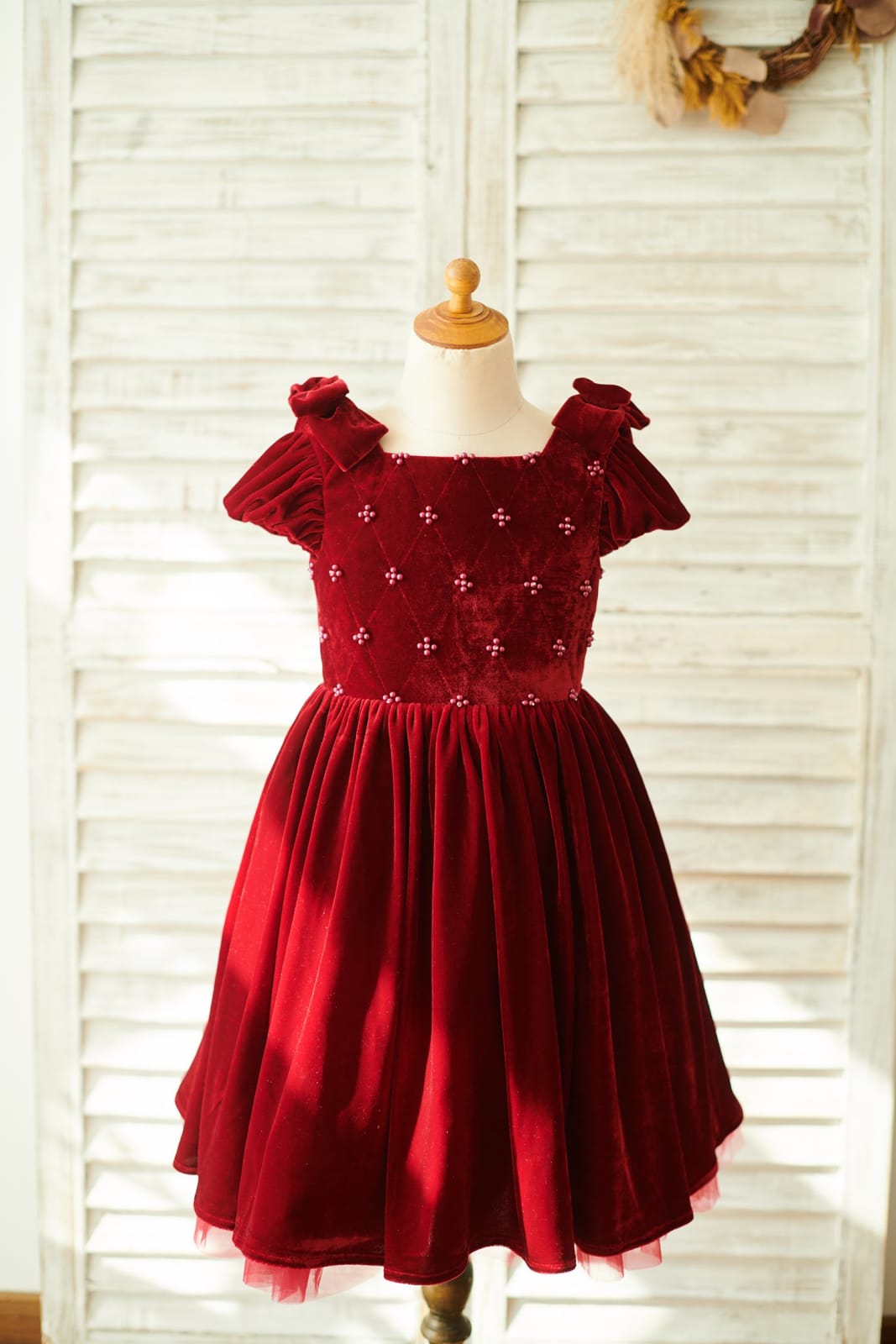 Burgundy Velvet Corset Back Cap Sleeves Wedding Flower Girl 